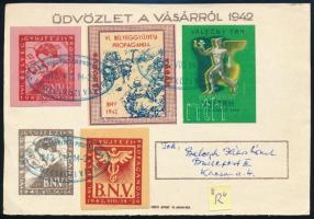 1942 VI. Bélyeggyűjtési propaganda 5 db klf levélzáró alkalmi üdvözlőlapon alkalmi bélyegzésekkel R