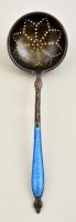 Ezüst (Ag.) teaszűrő kanál, jelzett, sérült zománc díszítéssel, h:14,5 cm, bruttó:31 g