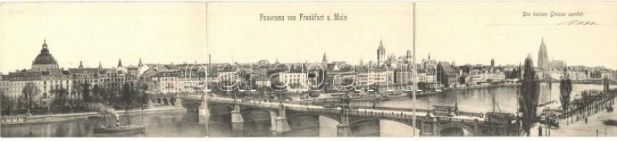 Frankfurt, bridge, trams. 3-tiled panoramacard  (bent til broken)