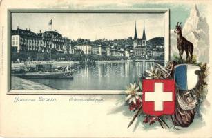 Lucerne, Luzern; Schweizerhofquai, Bateaux a Lour / quay. coat of arms. Emb. litho (pinholes)