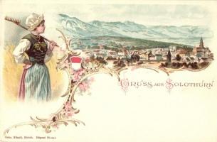 Solothurn. Folklore lady, Art Nouveau, floral, litho. Gebr. Künzli Nr. 813.