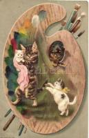 Cats, painters palette. Emb. litho (Rb)