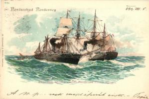 1899 Nordseebad Norderney, Kampf zwischen Meteor und Bouvet. Habana / Navy battle of Meteor and Bouvet in 1870. litho