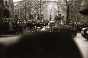 cca 1944 Katonai szállító járművek, katonai felvonulás zászlókkal Budapesten, 4 db szabadon felhaszn...