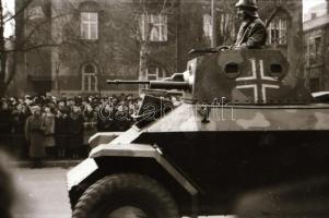 cca 1944 Katonai szállító járművek, katonai felvonulás zászlókkal Budapesten, 4 db szabadon felhaszn...