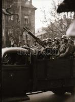 cca 1944 Katonai szállító járművek, katonai felvonulás zászlókkal Budapesten, 4 db szabadon felhaszn...