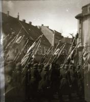 cca 1944 Katonai szállító járművek, katonai felvonulás zászlókkal Budapesten, 4 db szabadon felhaszn...