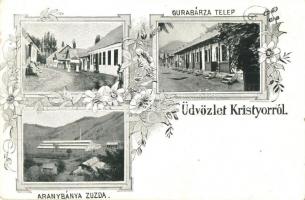 Kristyor, Criscior; Gurabárza telep, utcakép, Aranybánya zúzda / Gura-Barza mine settlement, street view, gold mine plant, factory. floral Art Nouveau (EK)