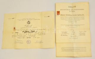 2 db diploma: 1929 Bécsi kereskedelmi diploma, 1941 Közigazgatási vizsga bizonyítvány,