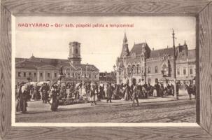 Nagyvárad, Oradea; Görög katolikus püspöki palota, templom, piac árusokkal, üzletek / bishops palace, church, market with vendors, shops