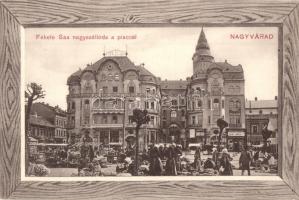 Nagyvárad, Oradea; Fekete Sas nagyszálloda, piac árusokkal, Cziller Imre és Ernyei Lajos üzlete, Magyar Bank / hotel, market with vendors, shops, Hungarian bank