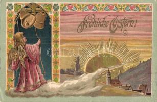 Fröhliche Ostern! / Easter greeting art postcard, angel with bells. golden Art Nouveau Emb. litho (Rb)