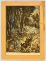 Elekfy Jenő (1895-1968): Lovasszekér az erdei úton. Színezett rézkarc, karton, foltos, jelzett, 29×21 cm