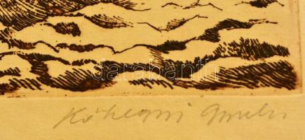 Kőhegyi Gyula (1933-): Alföldi táj. Rézkarc, papír, jelzett, 14×19 cm