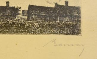 Barcsay Jenő (1900-1988): Faluvége. Rézkarc,papír, jelzett, üvegezett keretben, 9×13 cm
