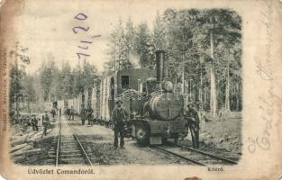 Kommandó, Comando, Comandau; Kitérő faszállító ipari vasúttal, gőzmozdony. Bogdán F. fényképész / industrial railway, locomotive transporting timber (kopott / worn)