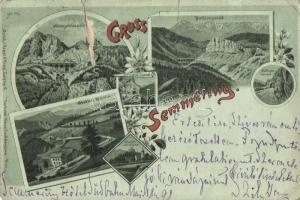 1898 Semmering, Weinzettlwand, Bolleroswand, Bolleros-Tunnel, Weinzettl-Tunnel, Station Klamm, Klamm mit Ruine / railway station, viaduct, tunnels. Regel & Krug, Hans Nachbargauer floral Art Nouveau litho (b)