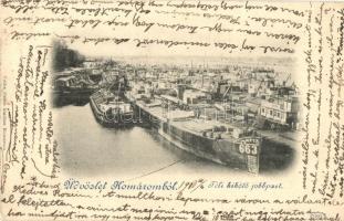 Komárom, Komárno; Téli kikötő jobb part, uszályok, Győr áruszállító gőzhajó / winter port with barges, freight steamship