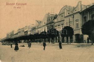 Eperjes, Presov; Fő utca, piaci árusok, Cattarino üzlete / main street, market vendors, shops