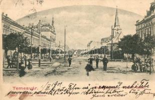 Temesvár, Timisoara; Kossuth utca, villamos, takarékpénztár, nagyáruház / street, tram, shops, savings bank (EK)