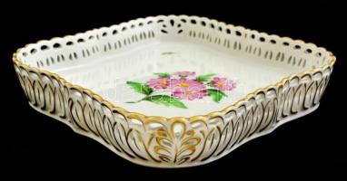 Herendi virág mintás áttört szélű tál, kézzel festett, hibátlan, jelzett, 18×18 cm