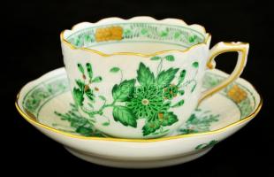 Herendi Indiai kosár mintás mokkás csésze és alj ( 3 db), süteményes tányér ( 2db), kézzel festett, ...