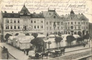 Újvidék, Novi Sad; Ferenc József tér, Grand Hotel Mayer szálloda, Récsei Gusztáv üzlete, Biztosító Társaság, pavilonok / square, hotel, shops, insurance company, pavilions (EK)