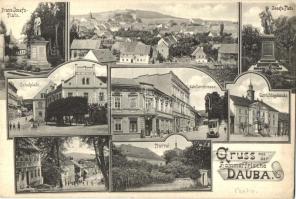 Dubá, Dauba; Josefs-Platz, Gerichtsgebaude, Pfarrei, Schillerstrasse, Schulplatz / square, monument, street view, automobile. Art Nouveau