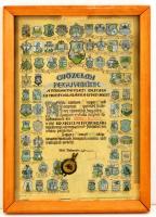 1925 Győzelmi fegyverünk. Az Országos Magyar Hadimúzeum Egyesület által kiadott, névre szóló Nemzeti Ereklye tanúsítvány, a történelmi Magyarország valamennyi vármegyéjének kézzel rajzolt címerével és az összes vármegyéből származó földet tartalmazó ércbullával, fa keretben, 33x46 cm