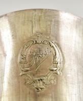 Keresztelő pohár, fém, gravírozott, jelzett (Socdor), m: 7,5 cm