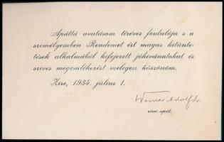 1934 Werner Adolf (1867-1939) zirci apát aláírása, apáttá avatásának tízéves évfordulóján írt köszönő lapon