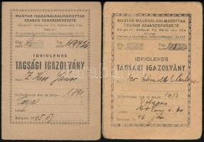 1945-1946 Magyar Magánalkalmazottak Szabad Szakszervezete, Ideiglenes tagsági igazolvány, 2 db, bélyegekkel