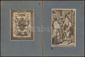 Metszeteket, festményeket ábrázoló fekete-fehér nyomtatvány, 20 db, kartonra ragasztva, 9,5x8,5 és 1...