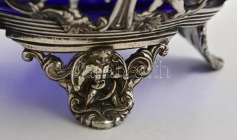 cca 1900 Puttós díszítésű, füles kínáló tál kék üvegbetéttel (hibátlan). ezüstözött áttört fém  / Si...