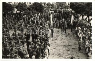 1938 Ipolyság, Sahy; bevonulás, katonai zenekar, honleányok / entry of the Hungarian troops, military music band, compatriot women + 1938 Ipolyság visszatért So. Stpl.