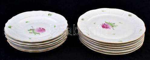 Herendi virágmintás porcelán tányér, 6+6 db, kézzel festett, jelzett, hibátlan, d: 22,5 és 25 cm