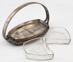 Fém üvegbetétes kínáló, ép üvegbetétekkel, 29x19 cm