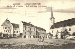 Székelyudvarhely, Odorheiu Secuiesc; Colegiul ref. si biserica / Református kollégium és templom, üzletek. Kováts fényképész felvétele után / Calvinist boarding school and church, shops + 1940 Székelyudvarhely visszatért So. Stpl. (EK)