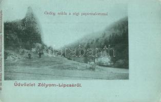 Zólyomlipcse, Slovenská Lupca; Ördög szikla a régi papírmalommal. 33. sz. sz. kiadja Lechnitzky O. fénynyomdája / rock with the old paper mill