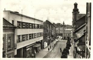 Ungvár, Uzshorod, Uzhorod; Lekárna, Kino / utcakép, gyógyszertár, Lefkovits Ignác üzlete, mozi, hitelintézet / street view, pharmacy, shops, cinema, loan bank + 1938 Ungvár visszatért So. Stpl.