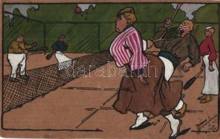 1908 Kolozsvári tenisz társaság / Tennis game. Hungarian art postcard. Letter from the artist s: Ferenczy Gyula (fl)