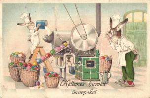 Kellemes Húsvéti Ünnepeket! / Easter greeting art postcard, rabbits in egg factory. Erika Nr. 4049