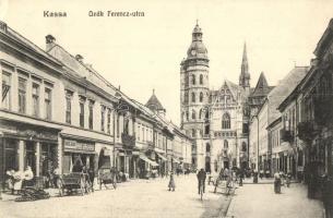 Kassa, Kosice; Deák Ferenc utca, Budapesti gőzmalmok főraktára, Mangl Manó és Farkas Károly üzlete / street view with shops