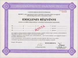 1987. A Konzumbank Részvénytársaság ideiglenes részvénye 100.000Ft-ról, 0000-ás sorszámmal és MINTA felülbélyegzéssel T:I-