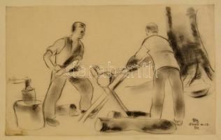 Ducsay Béla (1893-1967): Jancsi és társa fűrészel. Szén, papír, jelzett, 21×34 cm