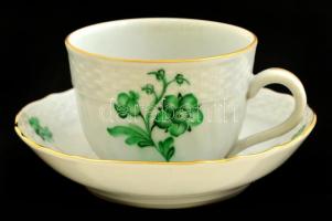 Herendi zöld virágmintás porcelán mokkás csésze és csészealj, kézzel festett, jelzett, hibátlan, 2 db