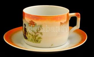 Zsolnay teás csésze és alj, matricás, jelzett, kopásnyomokkal, d: 8 és 15 cm
