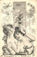 Gently erotic ladies with stag-beetles and gentleman-puppet. Art Nouveau (EK)