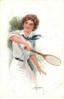 Italian art postcard. Lady with tennis racket. Erkal No. 336/3. s: Usabal (Rb)