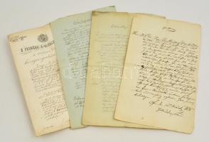 1840-1911 Vegyes papírrégiség tétel, 4 db, közte a magyar királyi közigazgatási bíróság ügyirata fejléces papíron, pecséttel, aláírásokkal, valamint három német nyelvű irat, közte egy végrendelet, és egy adásvételi szerződés.